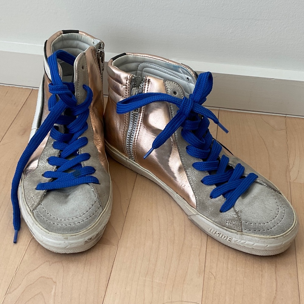 Golden Goose Metallic Rose Gold High-Top Sneakers with Royal Blue Laces